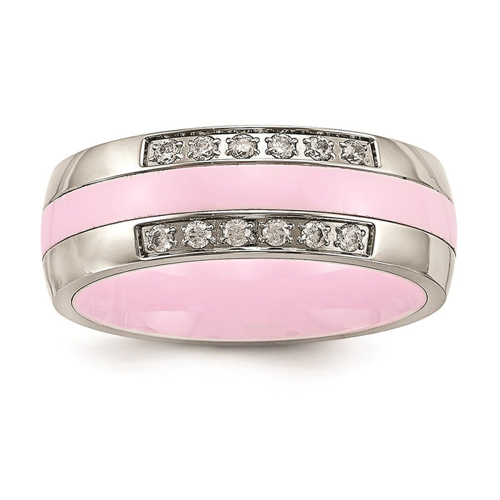 Women's Fashion Jewelry, Chisel Brand Stainless Steel Polished Pink Ceramic CZ Ring