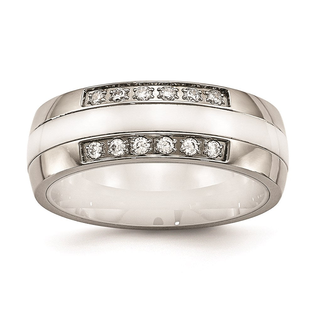 Women's Fashion Jewelry, Chisel Brand Stainless Steel Polished White Ceramic CZ Ring