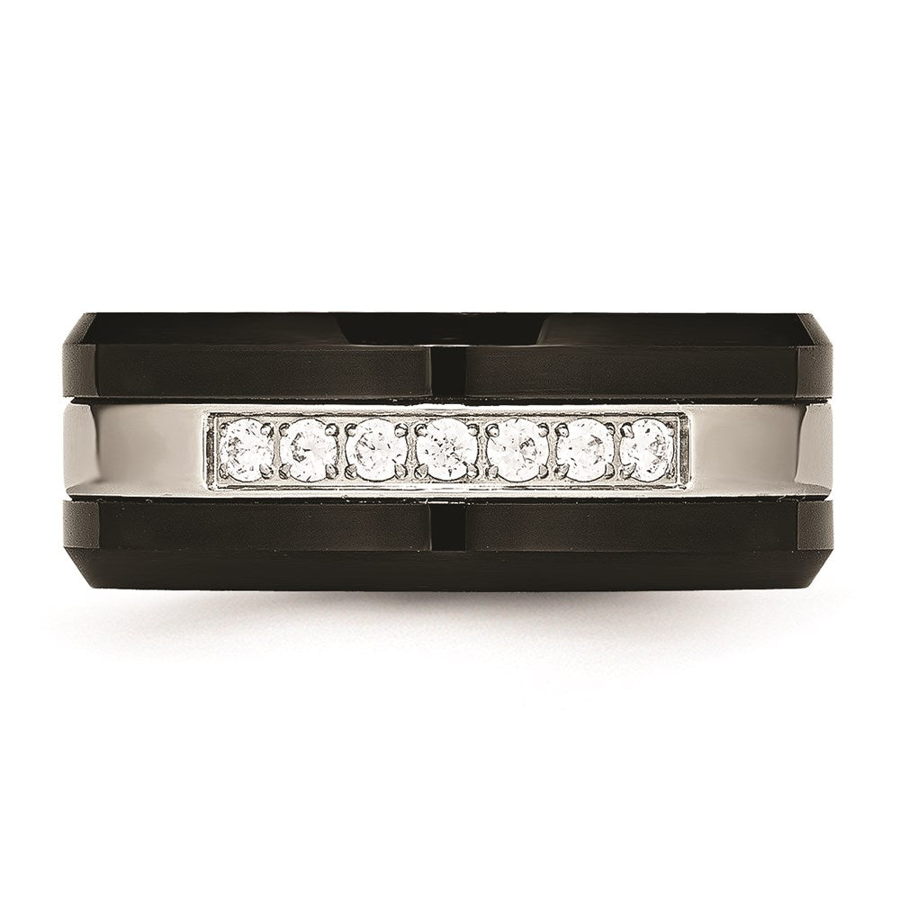 Unisex Fashion Jewelry, Chisel Brand Stainless Steel Polished Black Ceramic CZ Beveled Edge Ring