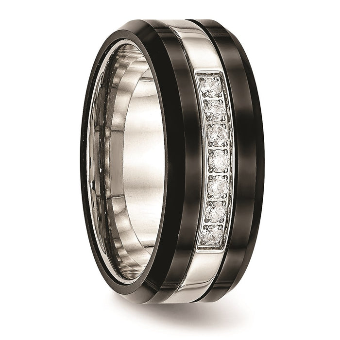 Unisex Fashion Jewelry, Chisel Brand Stainless Steel Polished Black Ceramic CZ Beveled Edge Ring