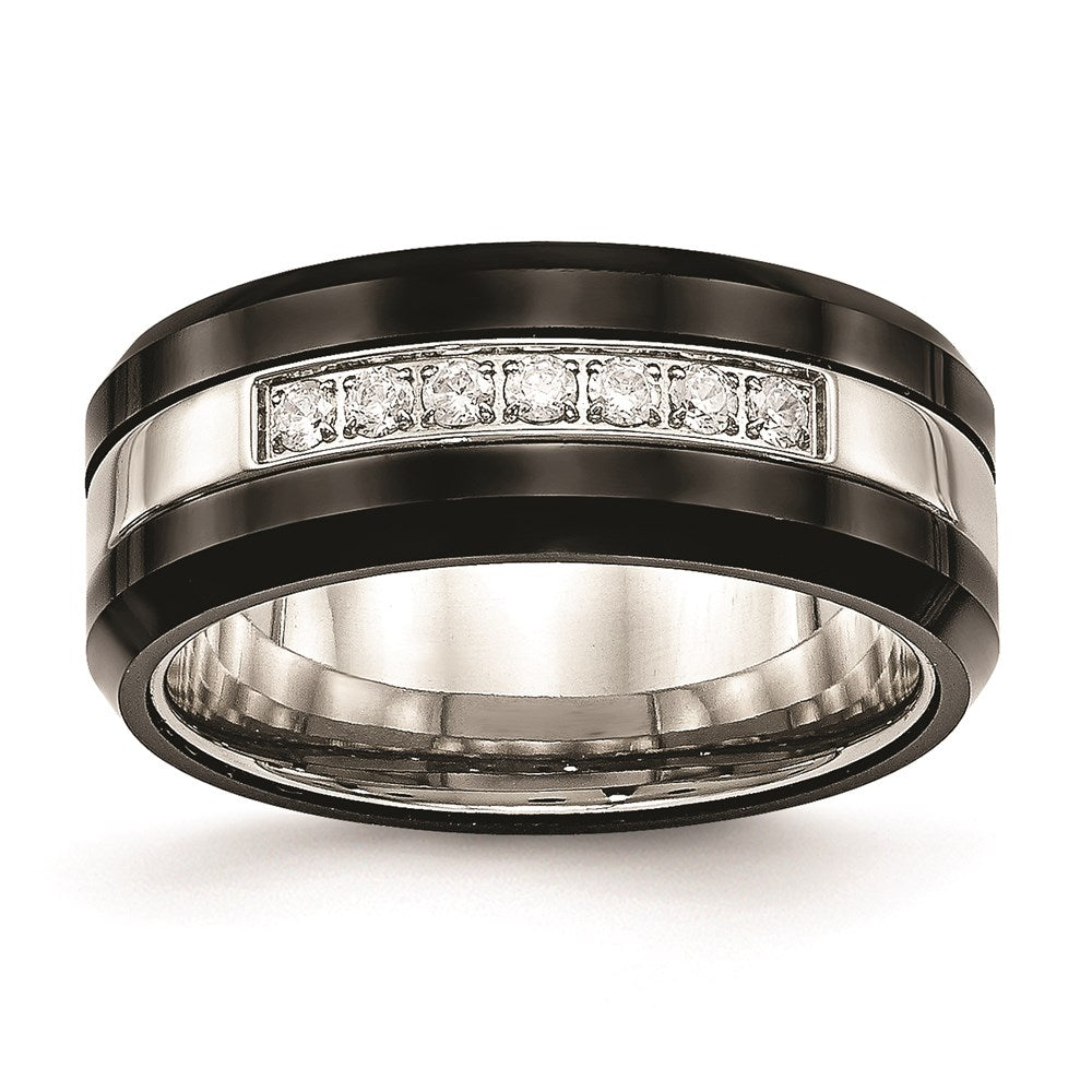 Unisex Fashion Jewelry, Chisel Brand Stainless Steel Polished Black Ceramic CZ Beveled Edge Ring