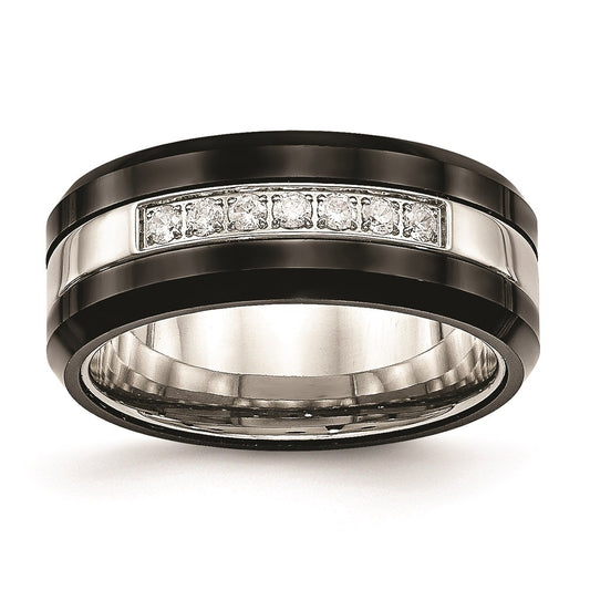Unisex Fashion Jewelry, Chisel Brand Stainless Steel Polished Black Ceramic CZ Beveled Edge Ring