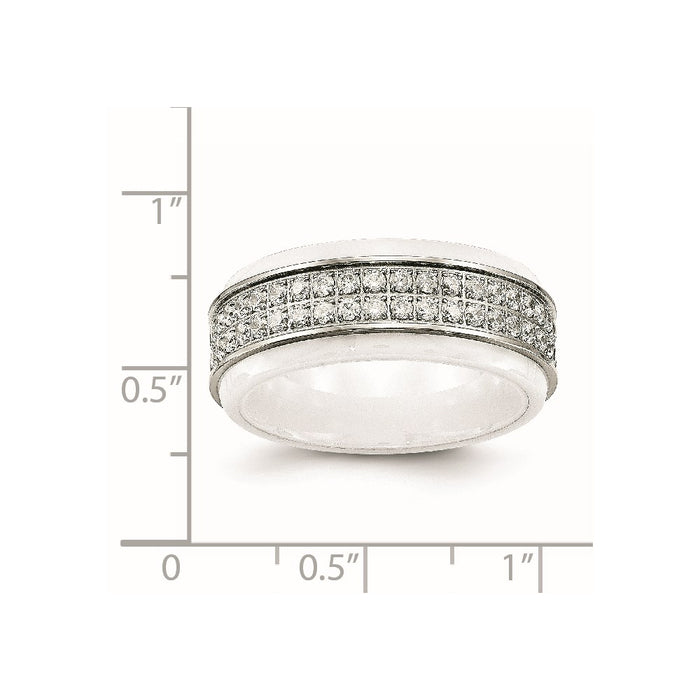 Unisex Fashion Jewelry, Chisel Brand Stainless Steel Polished White Ceramic CZ Ridged edge Ring