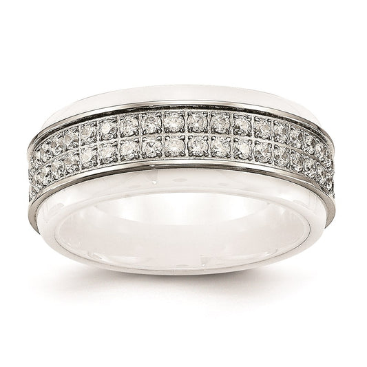 Unisex Fashion Jewelry, Chisel Brand Stainless Steel Polished White Ceramic CZ Ridged edge Ring