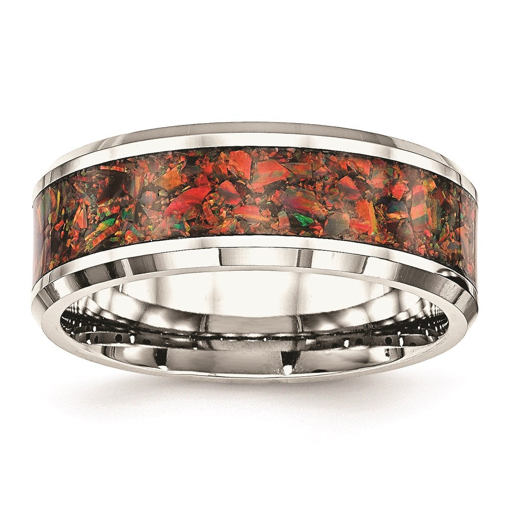 Men's Fashion Jewelry, Chisel Brand Stainless Steel Polished with Red Imitation Opal 8mm Men's Ring