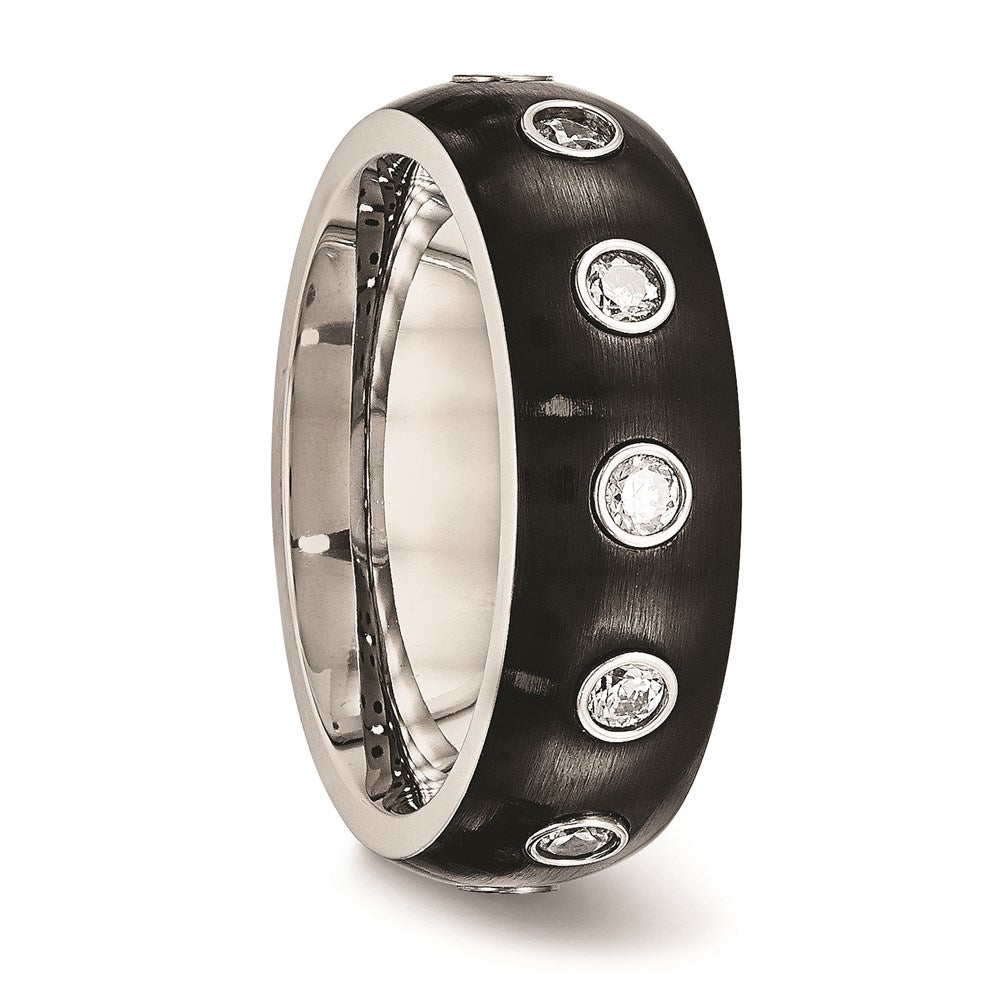 Unisex Fashion Jewelry, Chisel Brand Stainless Steel Brushed and Polished Black IP CZ Half Round Ring