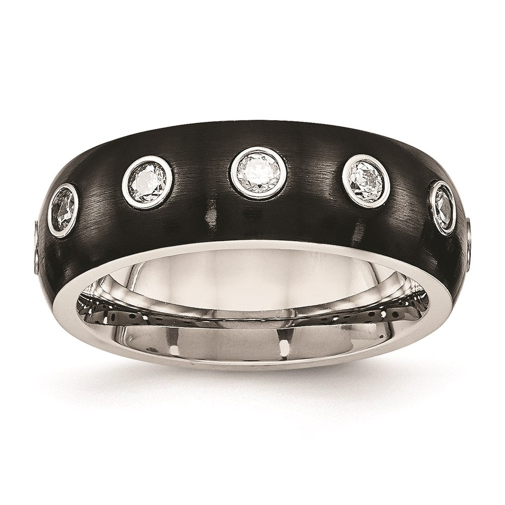 Unisex Fashion Jewelry, Chisel Brand Stainless Steel Brushed and Polished Black IP CZ Half Round Ring