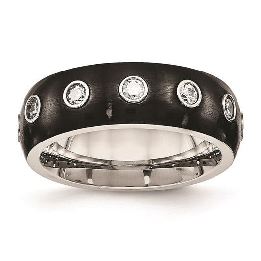 Unisex Fashion Jewelry, Chisel Brand Stainless Steel Brushed and Polished Black IP CZ Half Round Ring