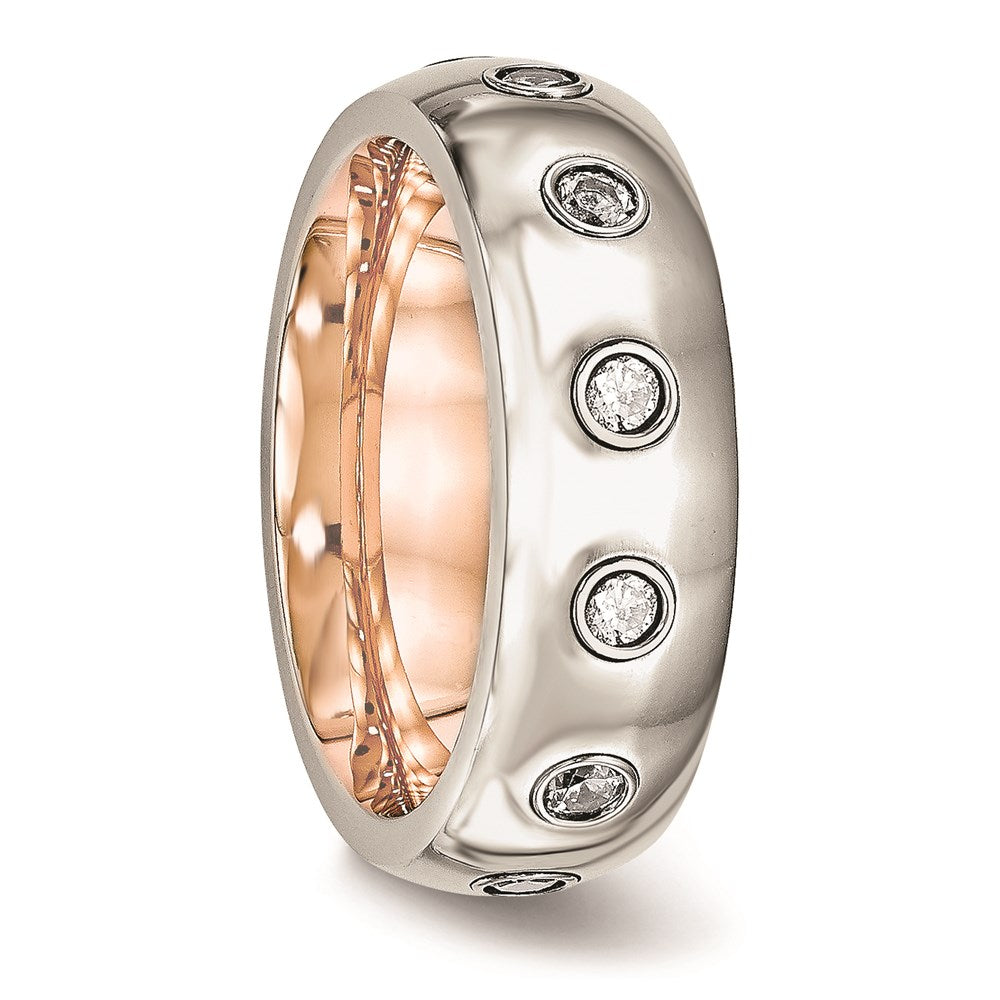 Unisex Fashion Jewelry, Chisel Brand Stainless Steel Polished Rose IP CZ Half Round Ring
