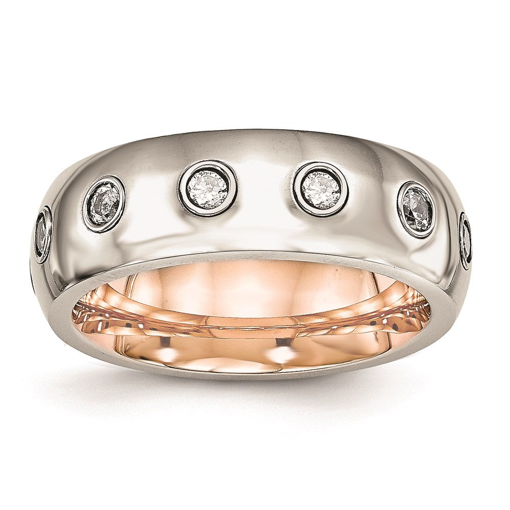 Unisex Fashion Jewelry, Chisel Brand Stainless Steel Polished Rose IP CZ Half Round Ring