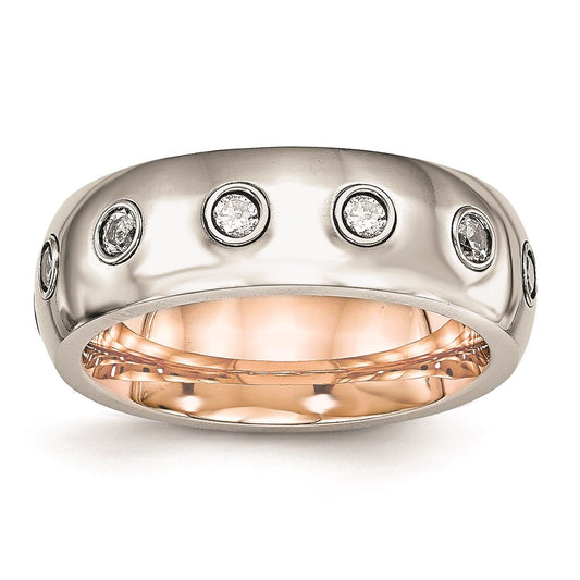 Unisex Fashion Jewelry, Chisel Brand Stainless Steel Polished Rose IP CZ Half Round Ring