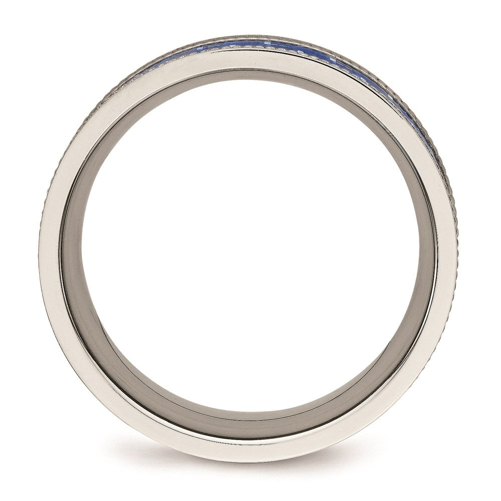 Unisex Fashion Jewelry, Chisel Brand Stainless Steel Polished w/ Blue Carbon Fiber Inlay Textured Edge Ring