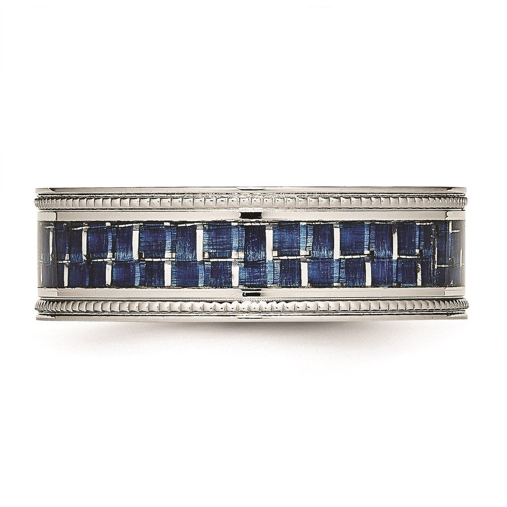 Unisex Fashion Jewelry, Chisel Brand Stainless Steel Polished w/ Blue Carbon Fiber Inlay Textured Edge Ring