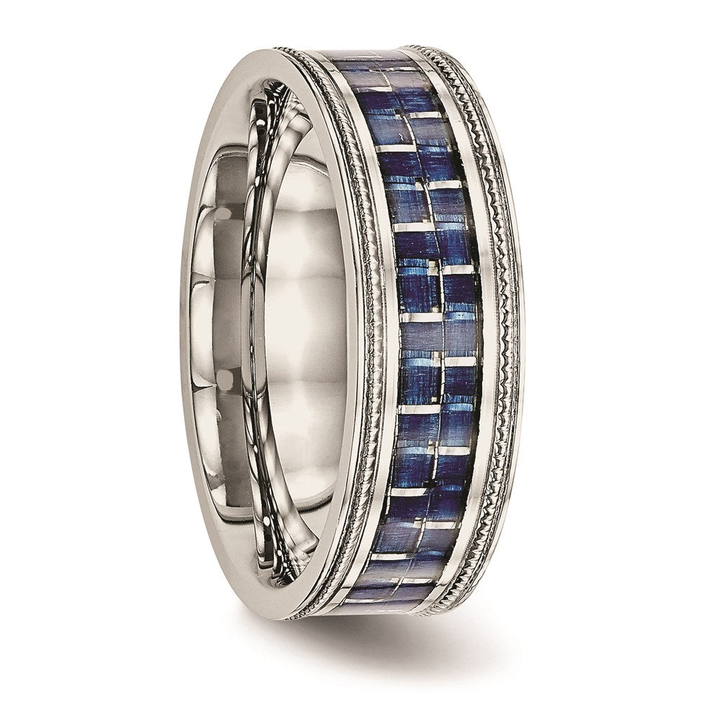 Unisex Fashion Jewelry, Chisel Brand Stainless Steel Polished w/ Blue Carbon Fiber Inlay Textured Edge Ring