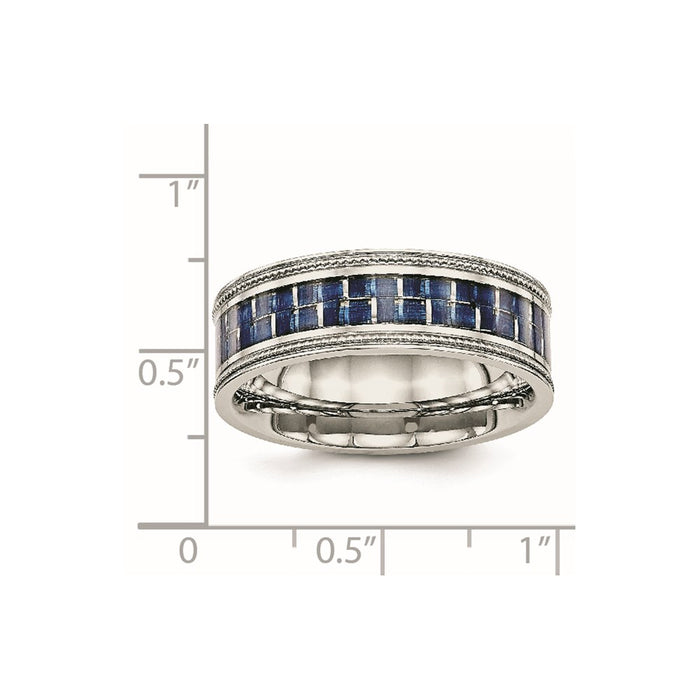 Unisex Fashion Jewelry, Chisel Brand Stainless Steel Polished w/ Blue Carbon Fiber Inlay Textured Edge Ring