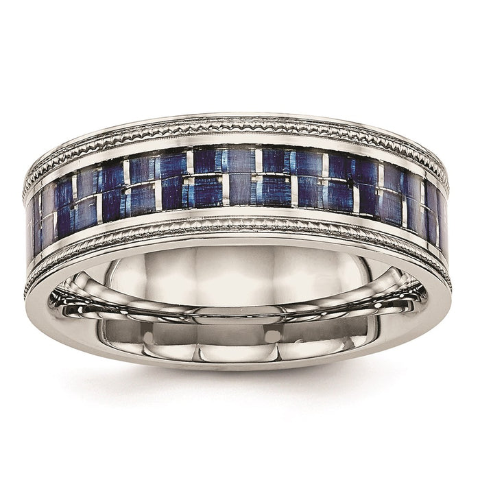 Unisex Fashion Jewelry, Chisel Brand Stainless Steel Polished w/ Blue Carbon Fiber Inlay Textured Edge Ring
