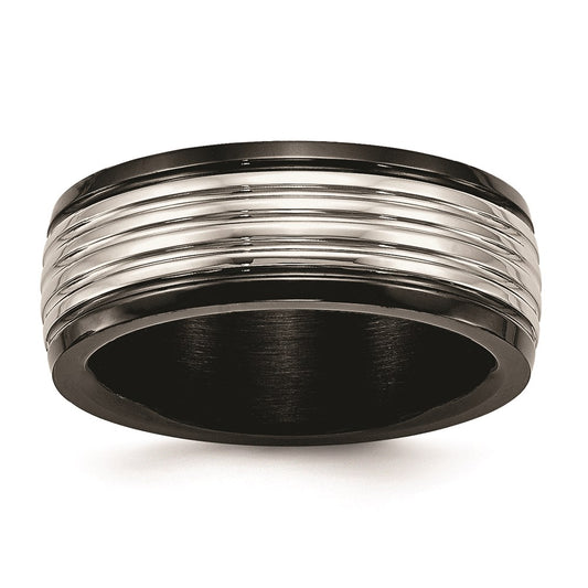 Unisex Fashion Jewelry, Chisel Brand Stainless Steel Polished Black IP Grooved Ring