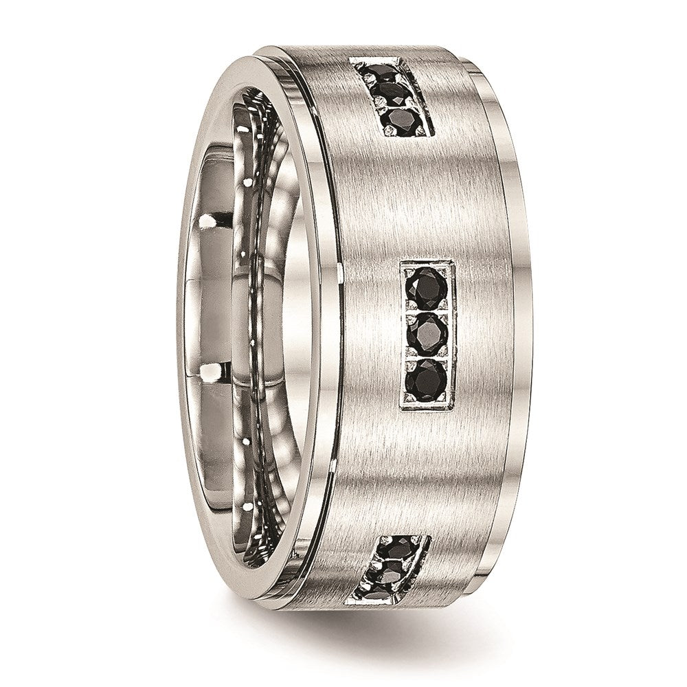 Unisex Fashion Jewelry, Chisel Brand Stainless Steel Brushed and Polished Ridged Edged Black CZ Ring