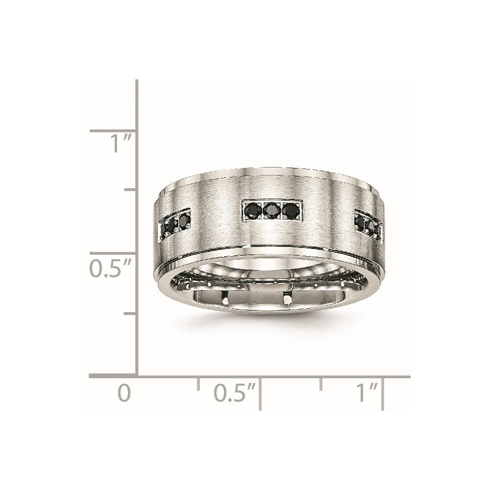 Unisex Fashion Jewelry, Chisel Brand Stainless Steel Brushed and Polished Ridged Edged Black CZ Ring