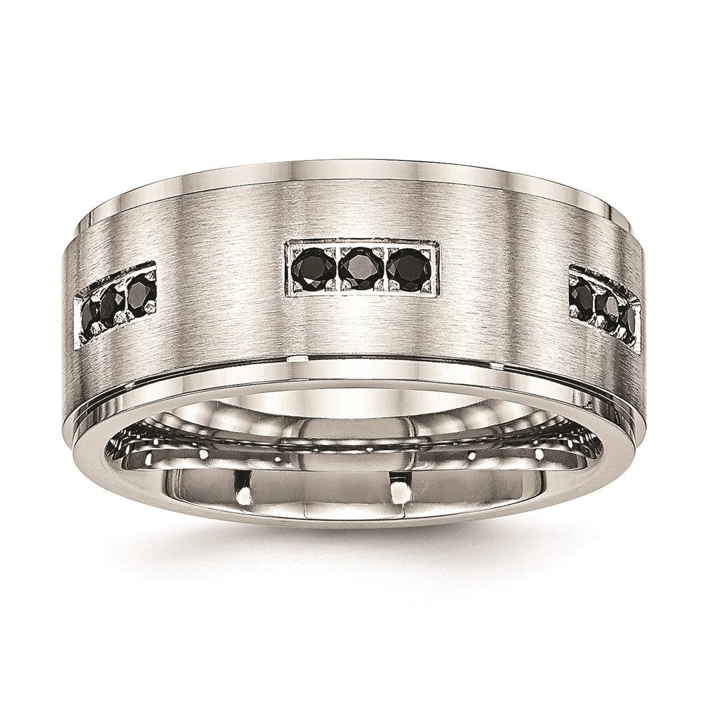 Unisex Fashion Jewelry, Chisel Brand Stainless Steel Brushed and Polished Ridged Edged Black CZ Ring