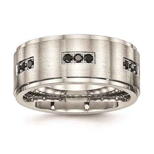 Unisex Fashion Jewelry, Chisel Brand Stainless Steel Brushed and Polished Ridged Edged Black CZ Ring