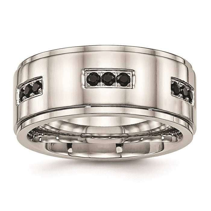 Unisex Fashion Jewelry, Chisel Brand Stainless Steel Polished Ridged Edged Black CZ Ring