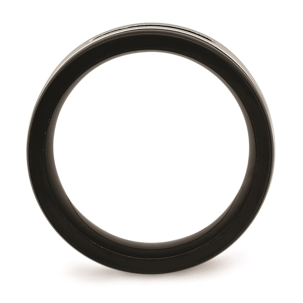 Unisex Fashion Jewelry, Chisel Brand Stainless Steel Brushed/Polished Black IP Grooved Blk CZ Ring