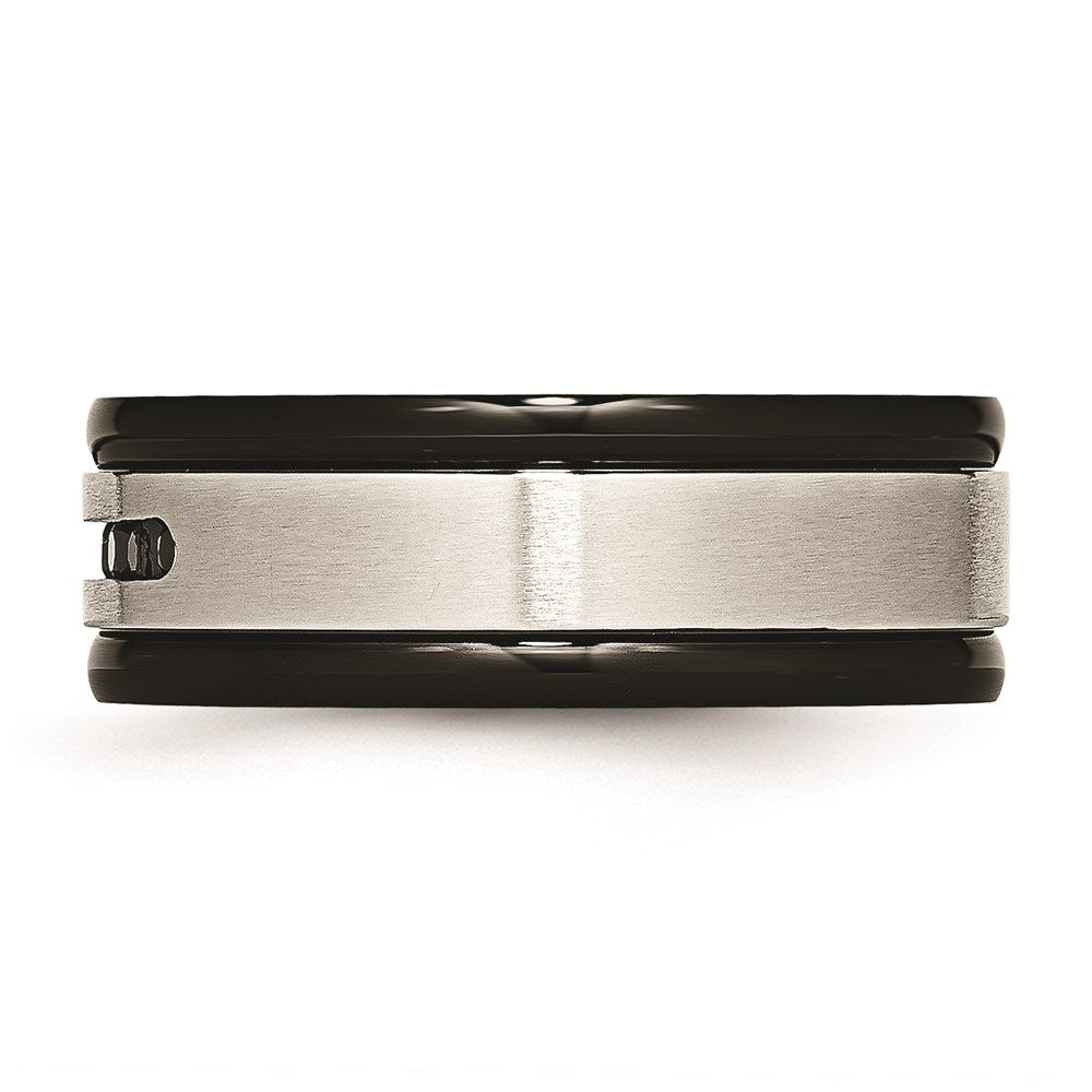 Unisex Fashion Jewelry, Chisel Brand Stainless Steel Brushed/Polished Black IP Grooved Blk CZ Ring