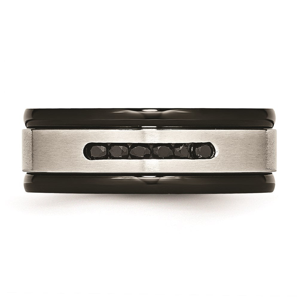 Unisex Fashion Jewelry, Chisel Brand Stainless Steel Brushed/Polished Black IP Grooved Blk CZ Ring