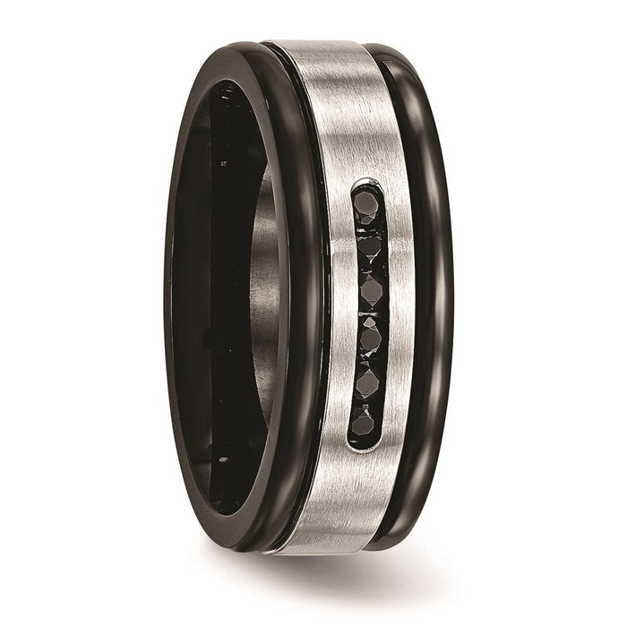 Unisex Fashion Jewelry, Chisel Brand Stainless Steel Brushed/Polished Black IP Grooved Blk CZ Ring