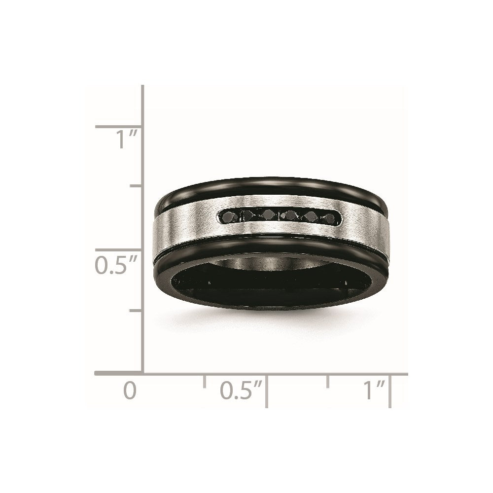 Unisex Fashion Jewelry, Chisel Brand Stainless Steel Brushed/Polished Black IP Grooved Blk CZ Ring