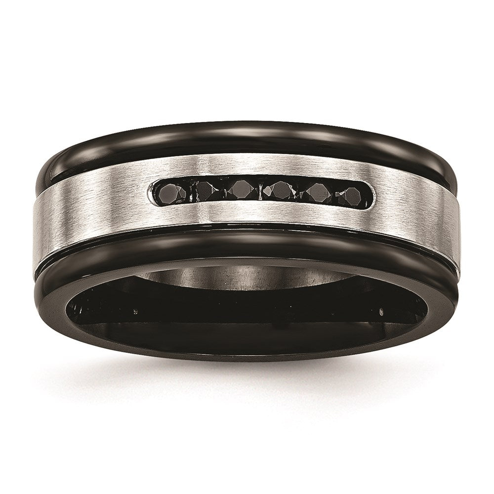 Unisex Fashion Jewelry, Chisel Brand Stainless Steel Brushed/Polished Black IP Grooved Blk CZ Ring