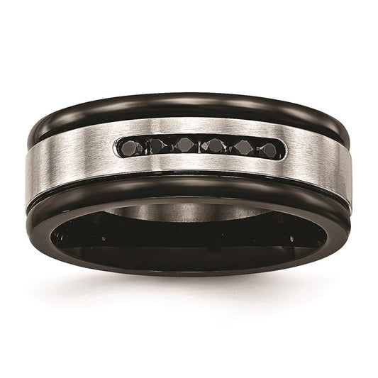 Unisex Fashion Jewelry, Chisel Brand Stainless Steel Brushed/Polished Black IP Grooved Blk CZ Ring