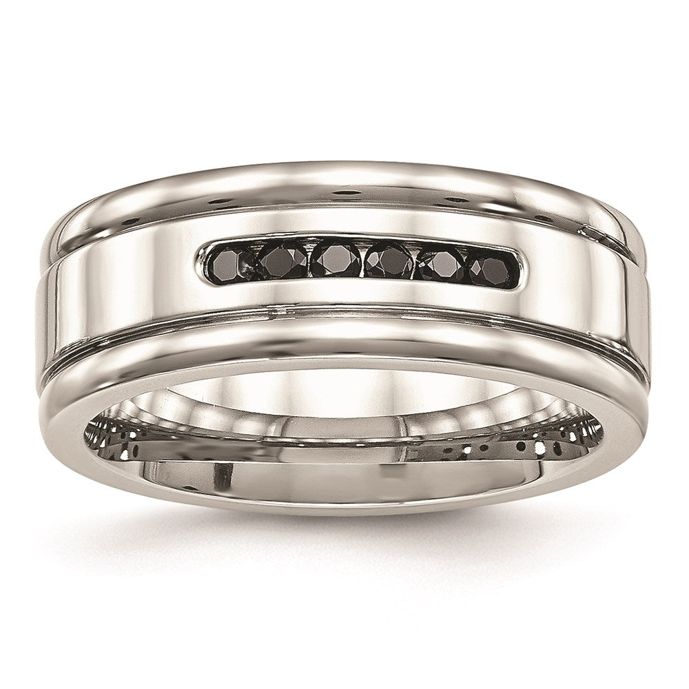 Unisex Fashion Jewelry, Chisel Brand Stainless Steel Polished Grooved Black CZ Ring