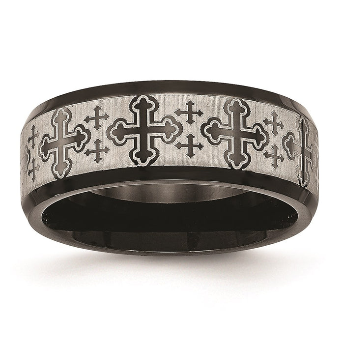 Unisex Fashion Jewelry, Chisel Brand Stainless Steel Brushed/Polished Black IP Laser Etched Pattern Ring