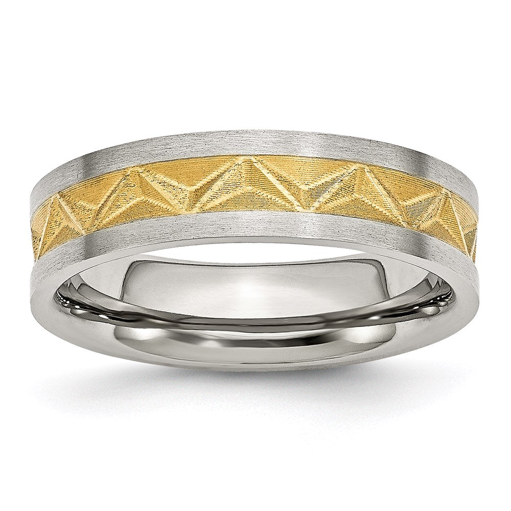 Women's Fashion Jewelry, Chisel Brand Stainless Steel Grooved Yellow IP-plated Ladies 6mm Brushed Ring Band