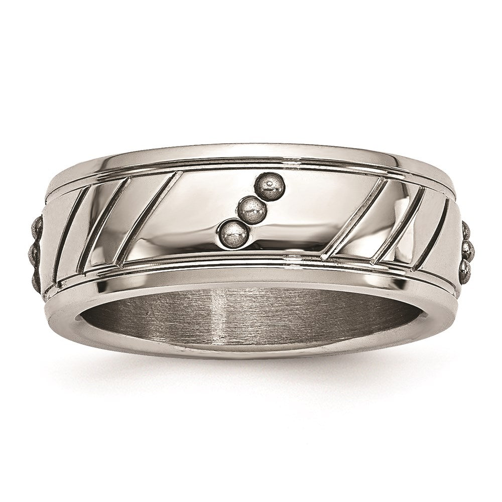 Unisex Fashion Jewelry, Chisel Brand Stainless Steel Polished Beaded Grooved Ring