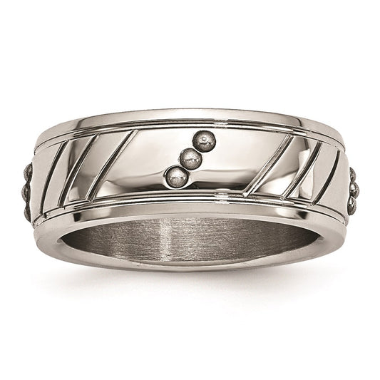 Unisex Fashion Jewelry, Chisel Brand Stainless Steel Polished Beaded Grooved Ring