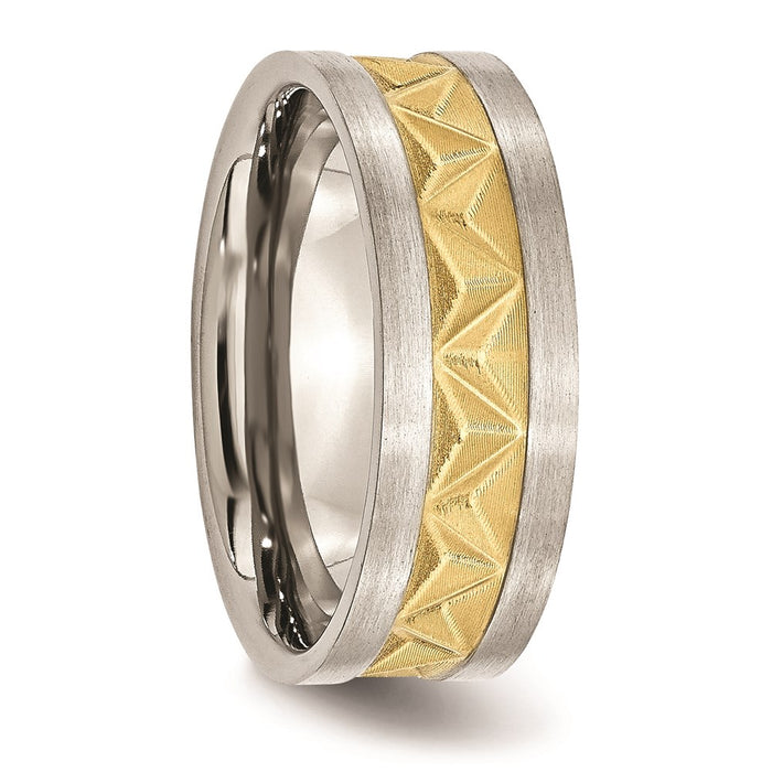 Men's Fashion Jewelry, Chisel Brand Stainless Steel Grooved Yellow IP-plated Mens 8mm Brushed Ring Band