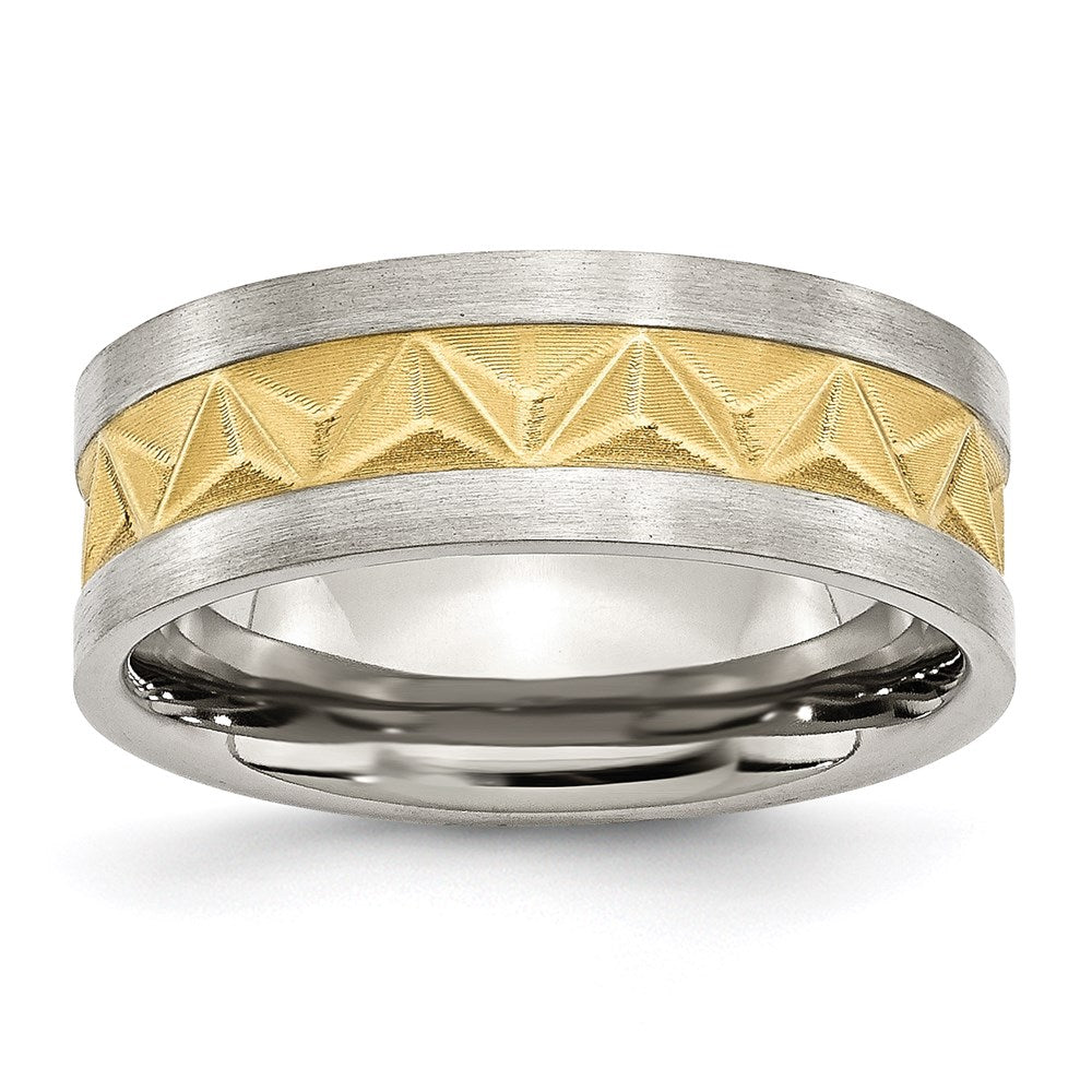 Men's Fashion Jewelry, Chisel Brand Stainless Steel Grooved Yellow IP-plated Mens 8mm Brushed Ring Band