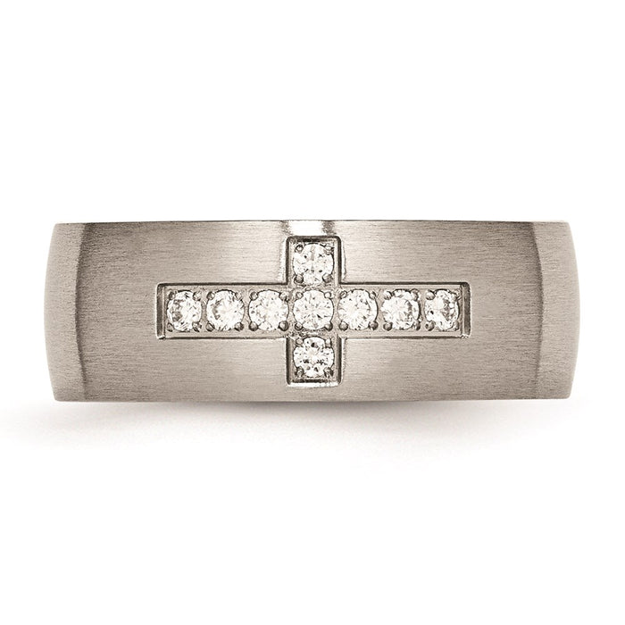 Unisex Fashion Jewelry, Chisel Brand Stainless Steel Brushed CZ Cross Ring