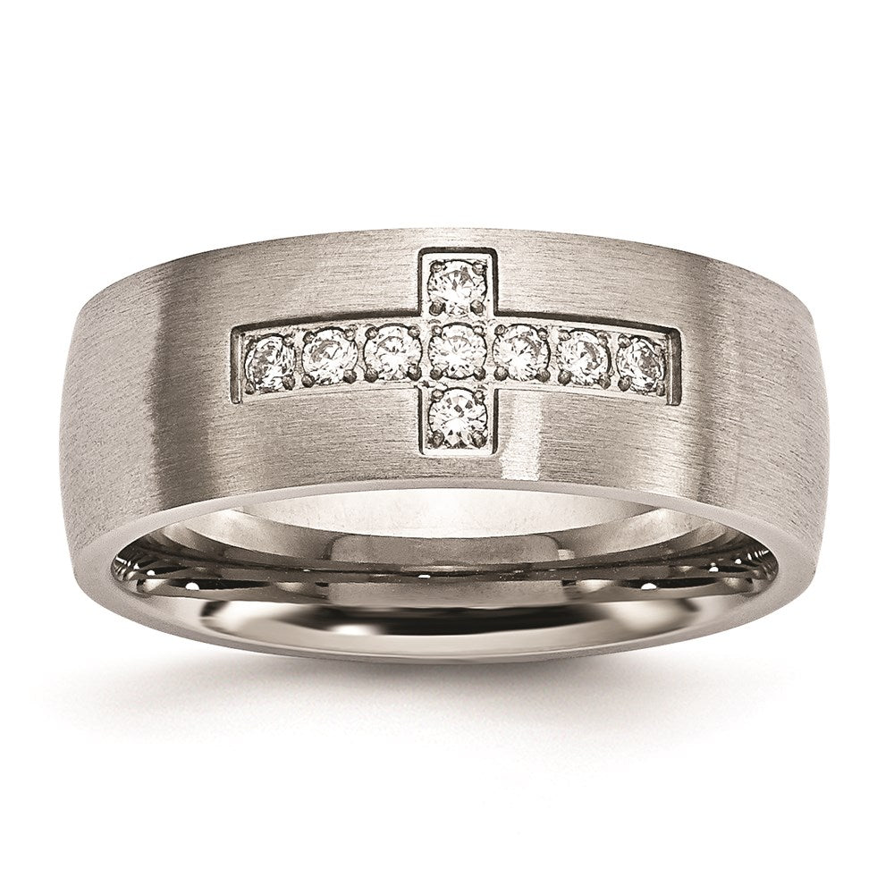 Unisex Fashion Jewelry, Chisel Brand Stainless Steel Brushed CZ Cross Ring