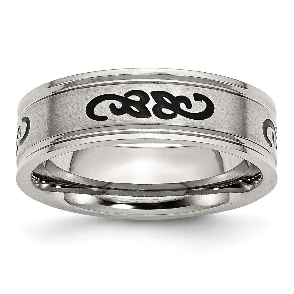 Unisex Fashion Jewelry, Chisel Brand Stainless Steel Black Rubber 7mm Ridged Edge Brushed Ring Band