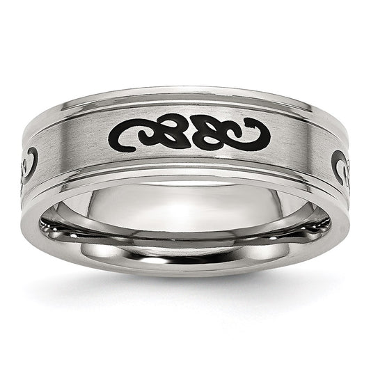 Unisex Fashion Jewelry, Chisel Brand Stainless Steel Black Rubber 7mm Ridged Edge Brushed Ring Band