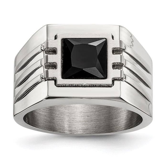 Men's Fashion Jewelry, Chisel Brand Stainless Steel Brushed and Polished w/ Black CZ Ring