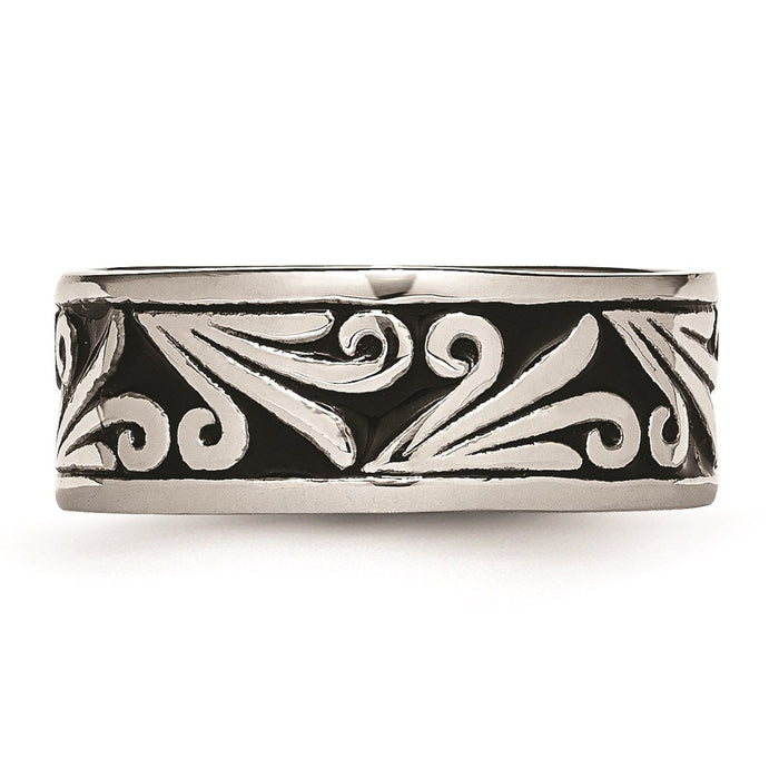 Unisex Fashion Jewelry, Chisel Brand Stainless Steel Fancy Design Antiqued 8mm Ridged Edge Ring Band