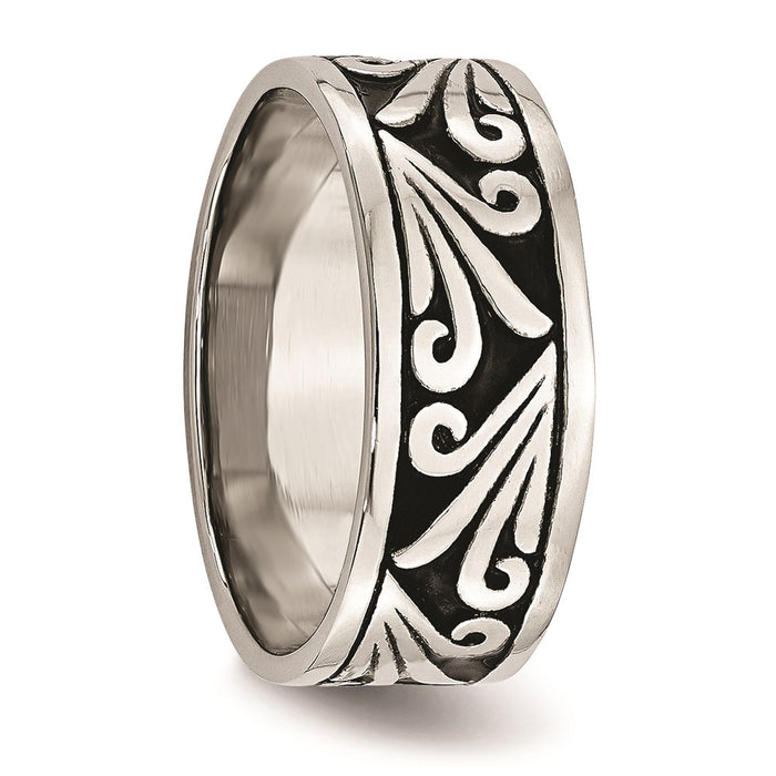 Unisex Fashion Jewelry, Chisel Brand Stainless Steel Fancy Design Antiqued 8mm Ridged Edge Ring Band