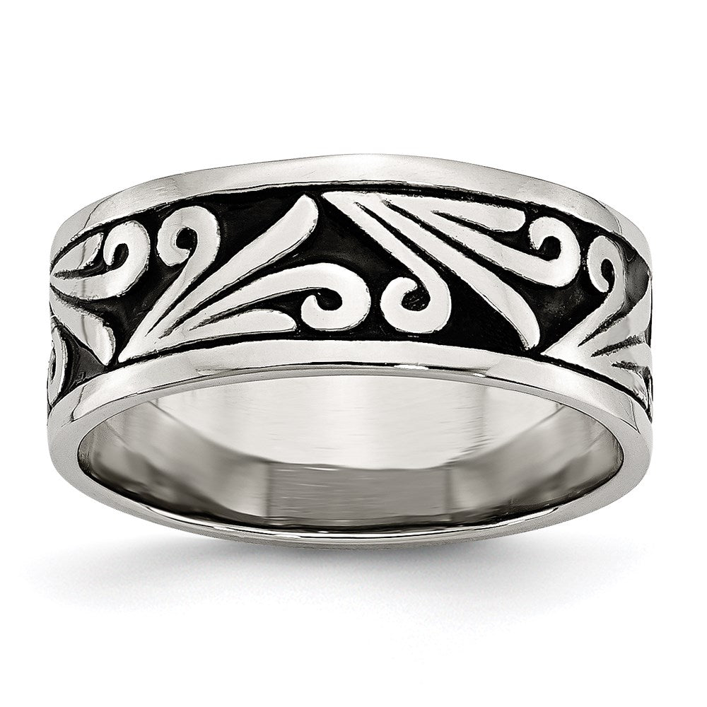 Unisex Fashion Jewelry, Chisel Brand Stainless Steel Fancy Design Antiqued 8mm Ridged Edge Ring Band