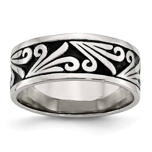 Unisex Fashion Jewelry, Chisel Brand Stainless Steel Fancy Design Antiqued 8mm Ridged Edge Ring Band