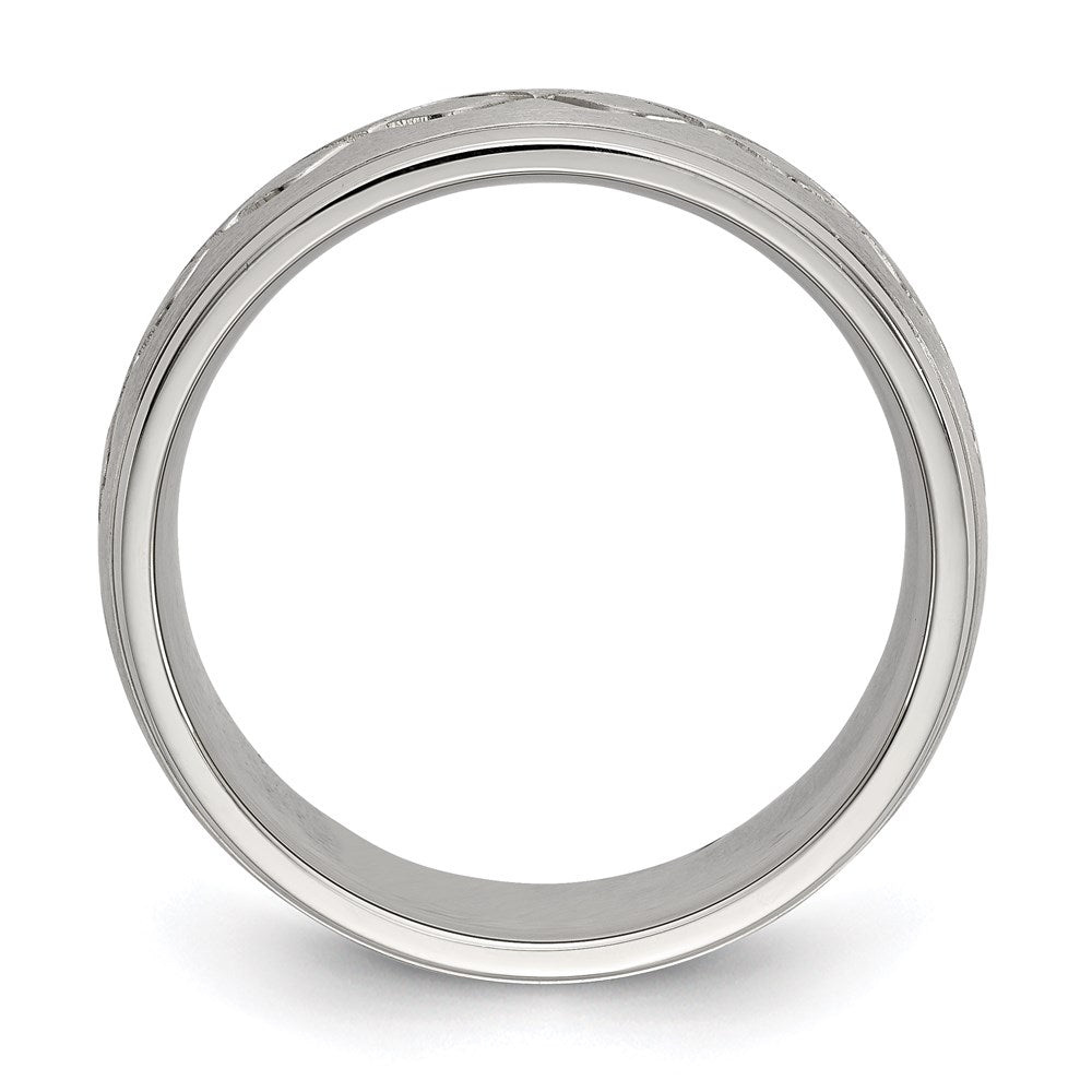 Unisex Fashion Jewelry, Chisel Brand Stainless Steel Scroll Design Brushed & Polished 8mm Ridged Edge Ring Band